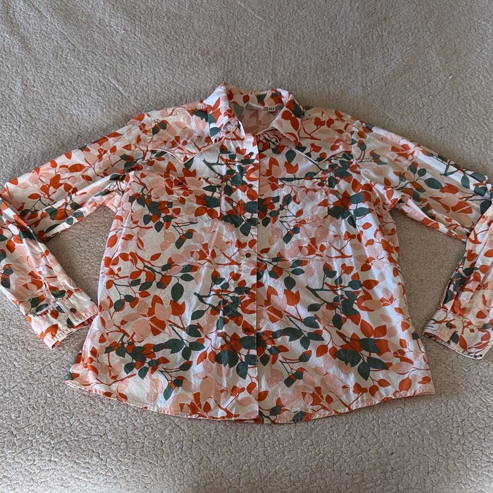 Rockies Cotton Orange and Green Floral Western Button Down Shirt XXL